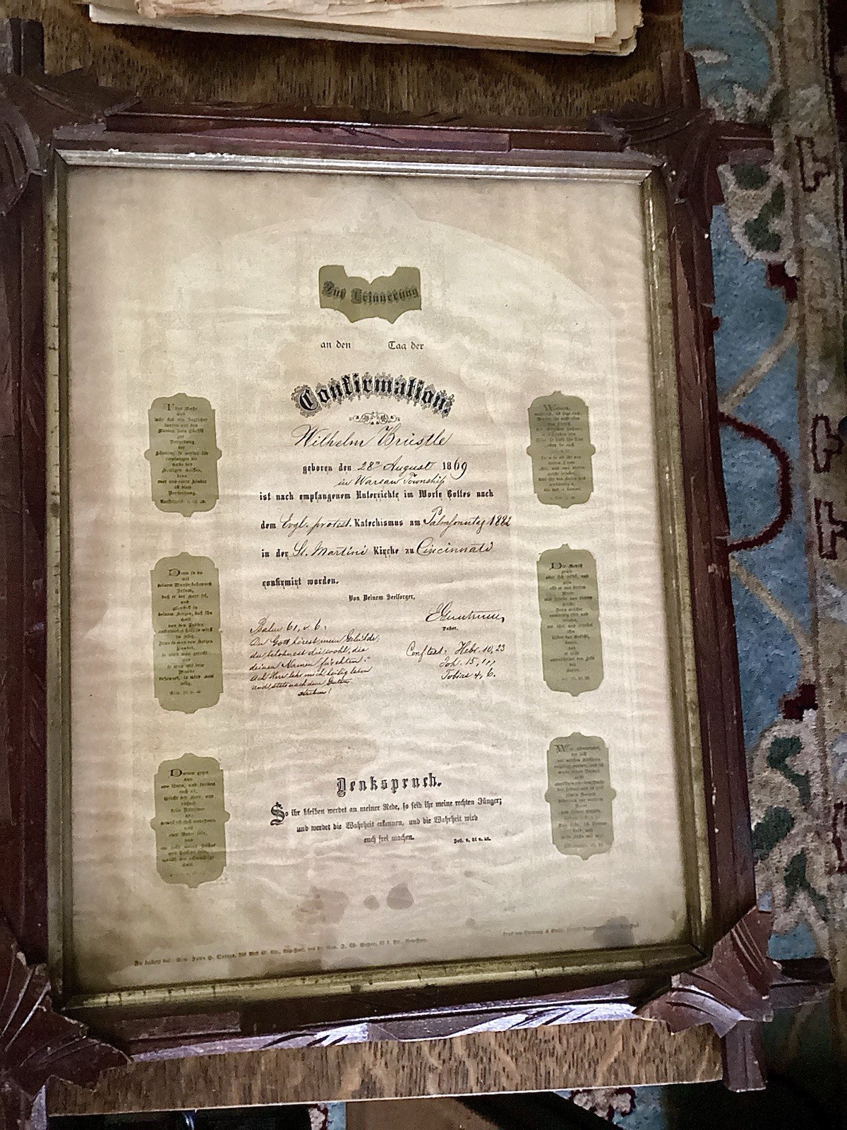 Antique German American Confirmation Certificate Cincinnati Ohio Folk Art Frame