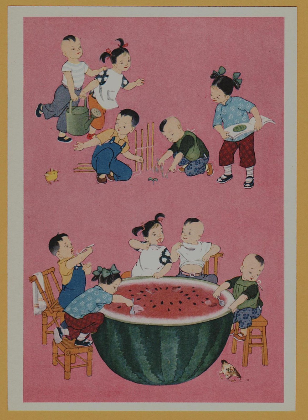 1960 CHINA Sino Chinese Children Watermelon Art Postcard DDR Germany Vintage