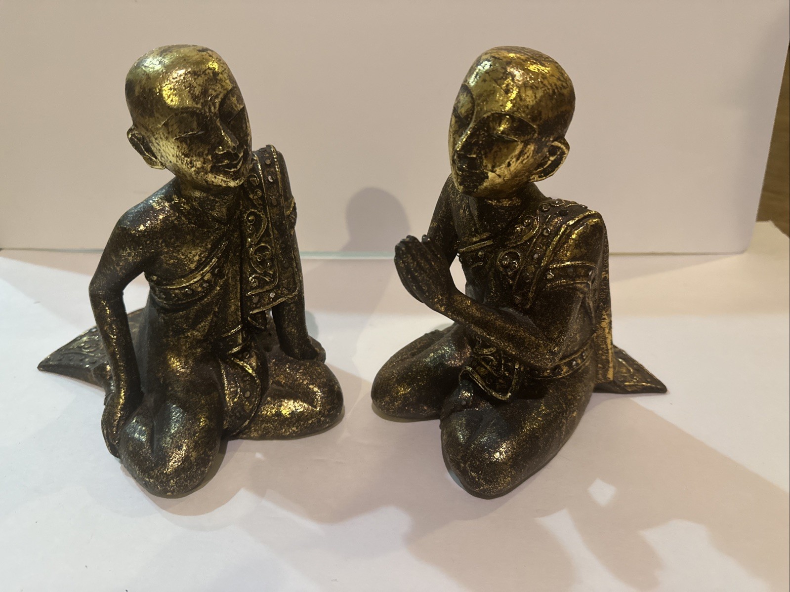 VTG Gold Leaf Wooden Praying Buddhist Monk pair Statue Asian Thailand