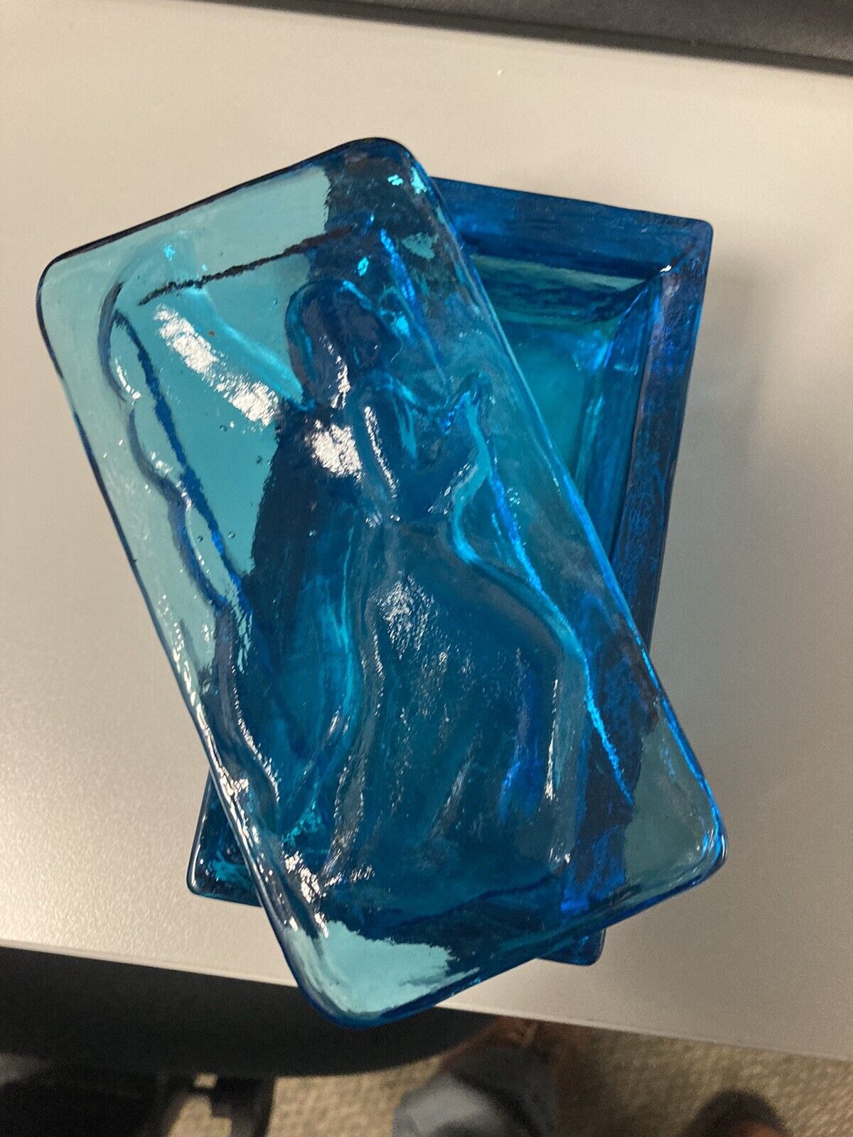 Rare Viking ? Blue Blunique Angel 6x3” Tinket Box Swirl In Glass