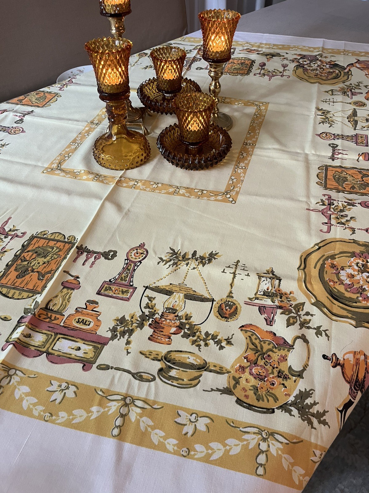 VTG 1970’s Kitchen themed tablecloth Eagle Teapot Kettle Clock Gold Green Orange