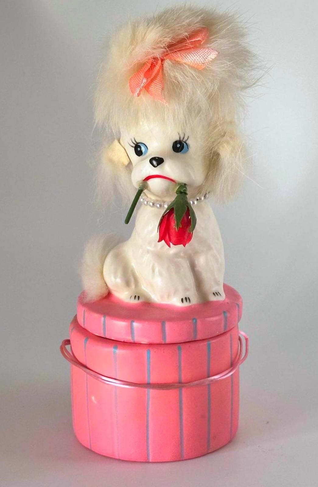 Enesco Vintage Pink Poodle Trinket Box with Faux Fur Hair And Pearls