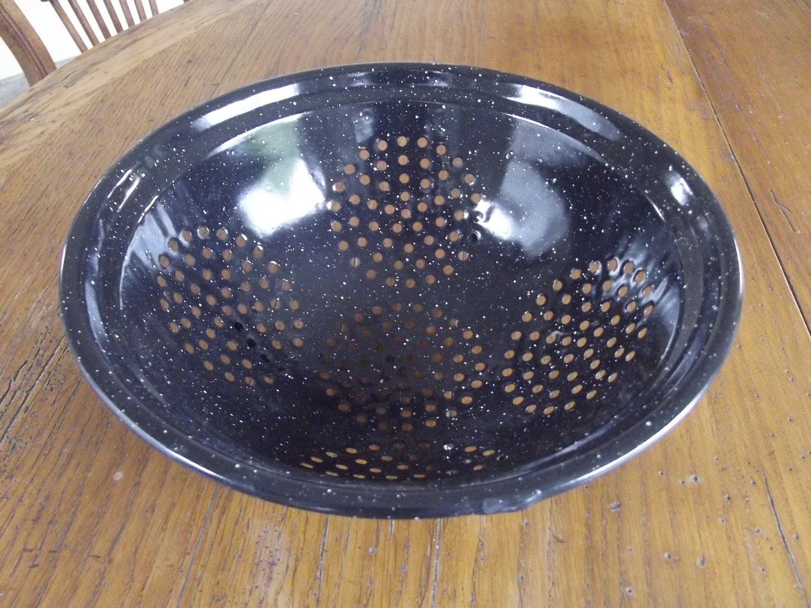 Vintage Blue Speckled Granite Enamelware Colander Farmhouse Rustic Style