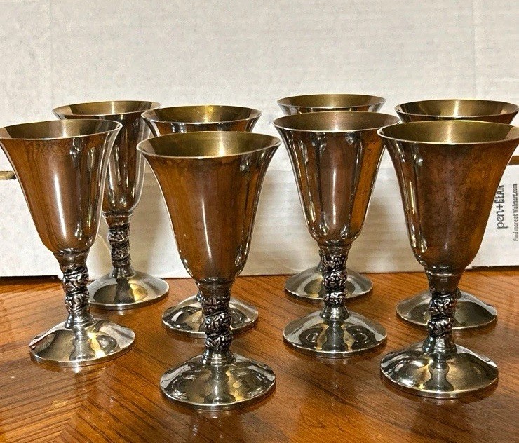 Set of 8 Silver Plate Goblets/Cups Gold-Tone Interior vine stems, made in Spain