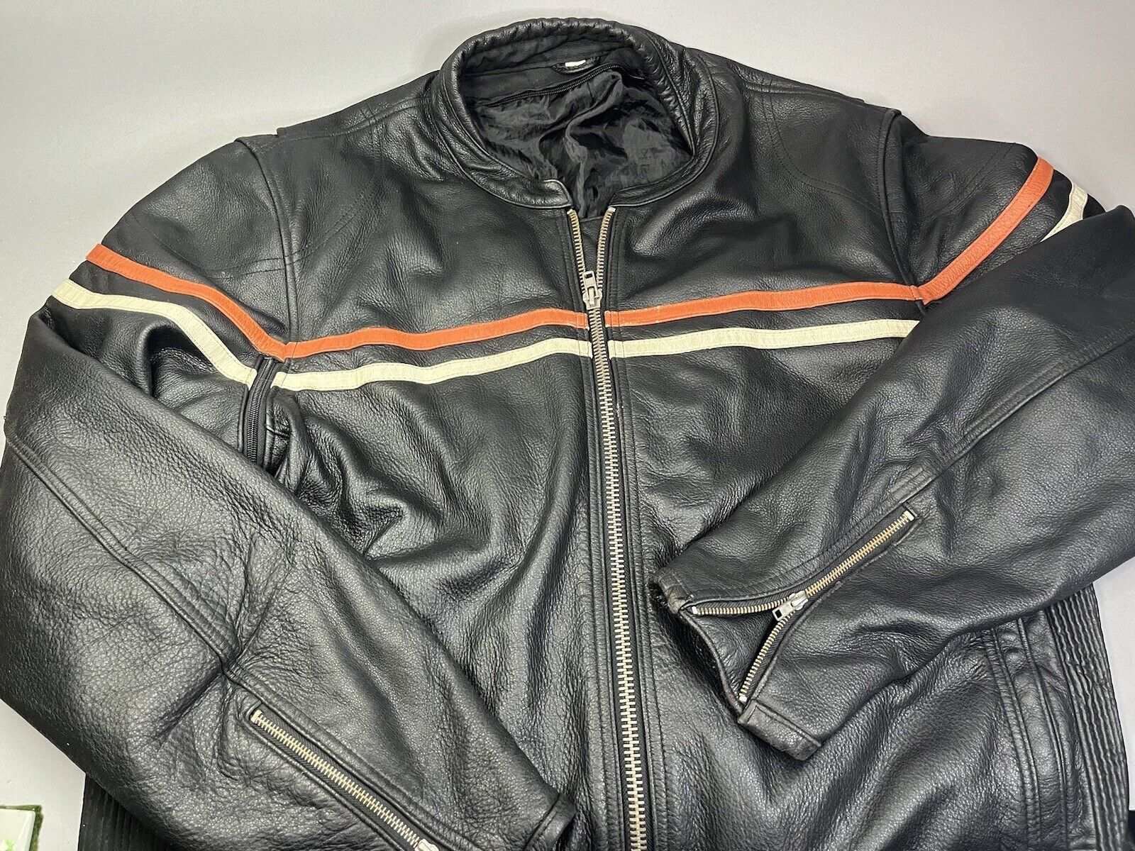 Vintage Harley Davidson Style Orange Stripe Leather Men’s Motorcycle Jacket 5XL
