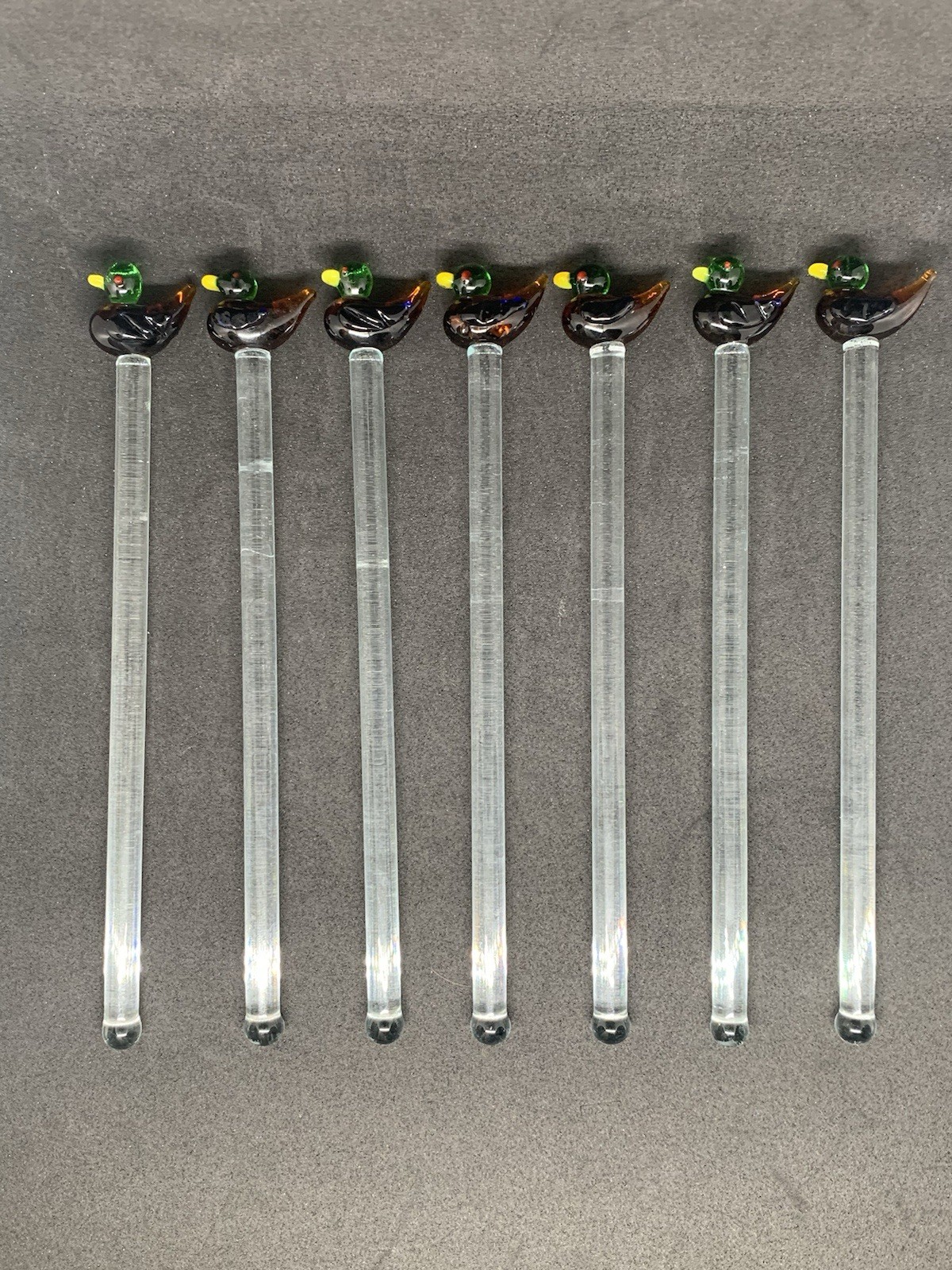 7 VTG  Murano Style Glass Mallard Duck Swizzle Sticks Cocktail Stirrers MCM