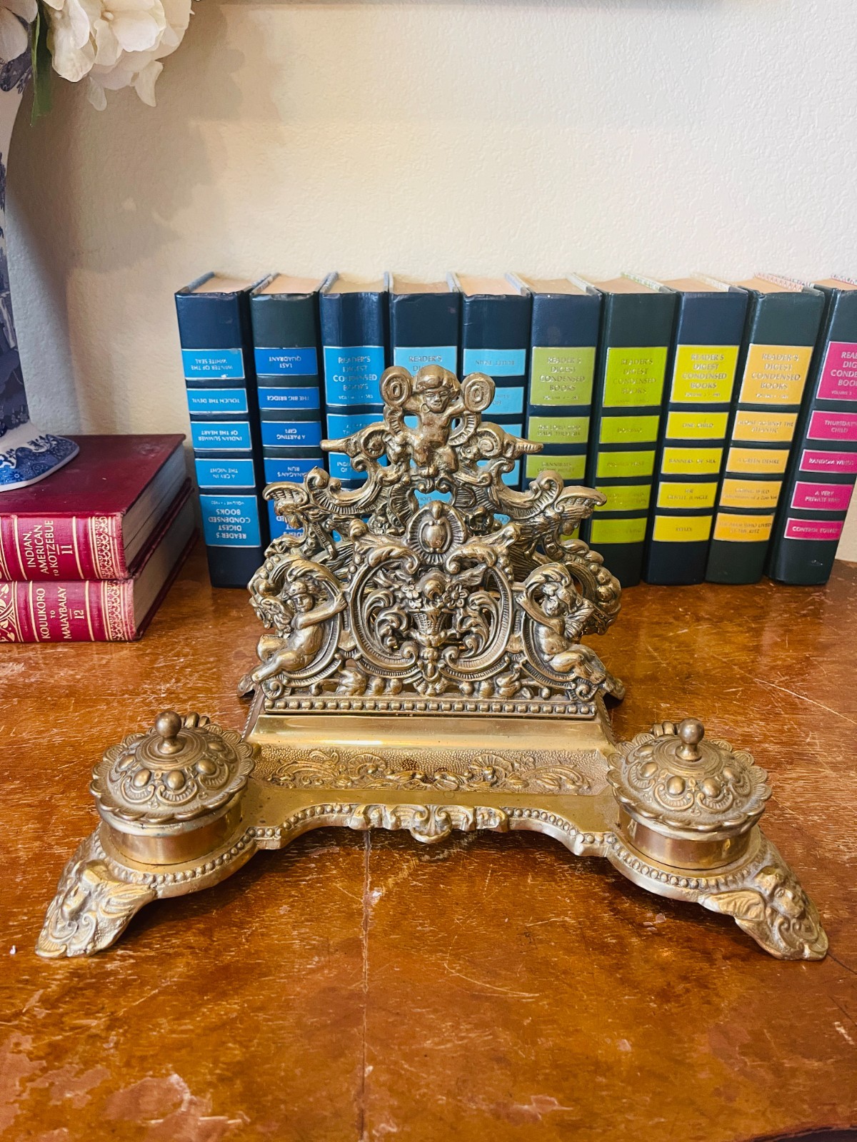 Large Antique Brass Double Inkwell Letter Holder Cherub