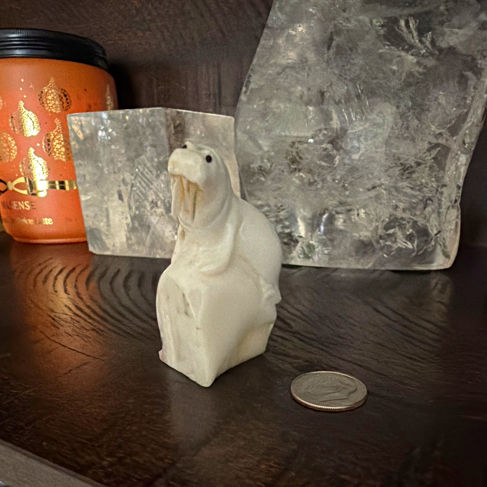 Hand carved white stone walrus Native American Zuni fetish signed