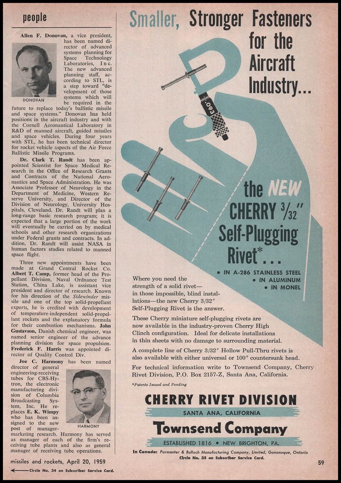 1959 Cherry Rivet Division Santa Ana California Aircraft Fasteners Print Ad