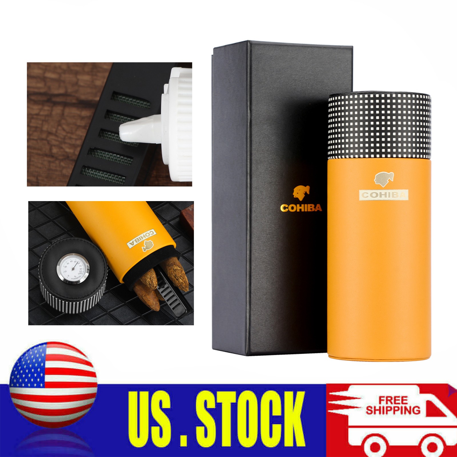 Galiner Black Yellow Leather Travel Cigar Case Humidor Lined Cedar Wood 5-7 Tube