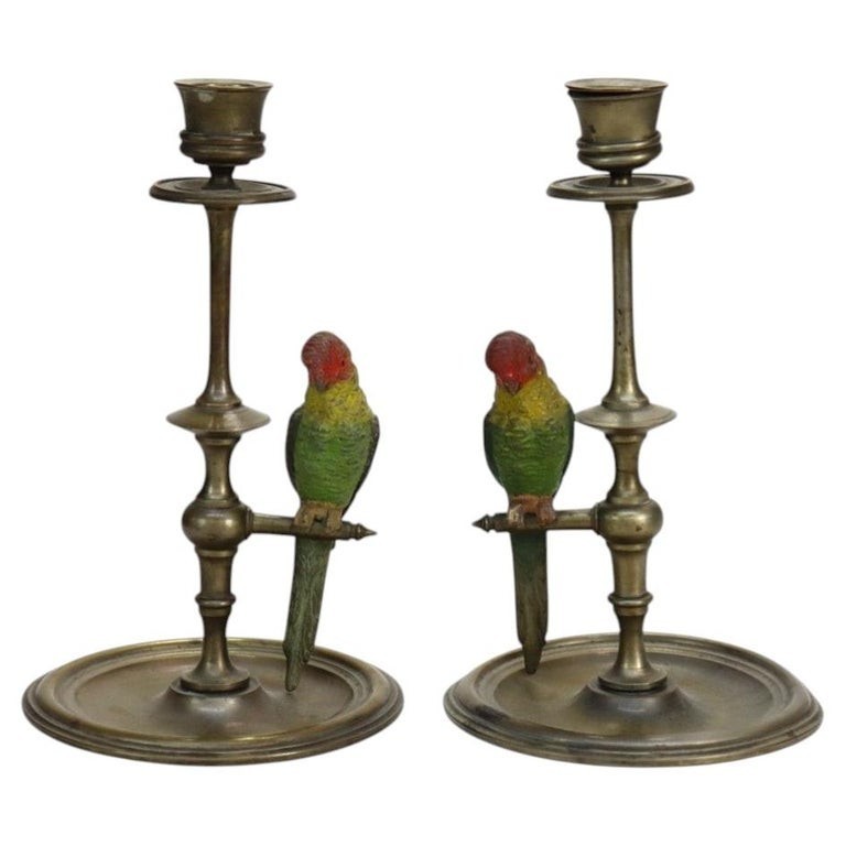 Pair Antique Brass Candlesticks & Cold Painted Bergman Bronze Parrots C1920