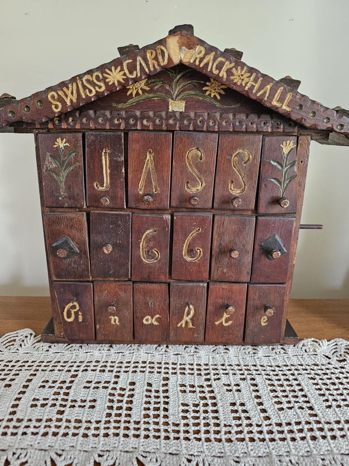 Vtg Swiss Folk Art Wooden Jass Card Rack Chalet Box Multi-Drawer Carved MCM