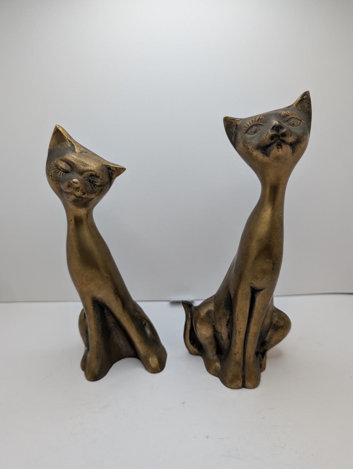 Vintage Pair Of Heavy Brass Elegant Siamese Cats 7-1/2\