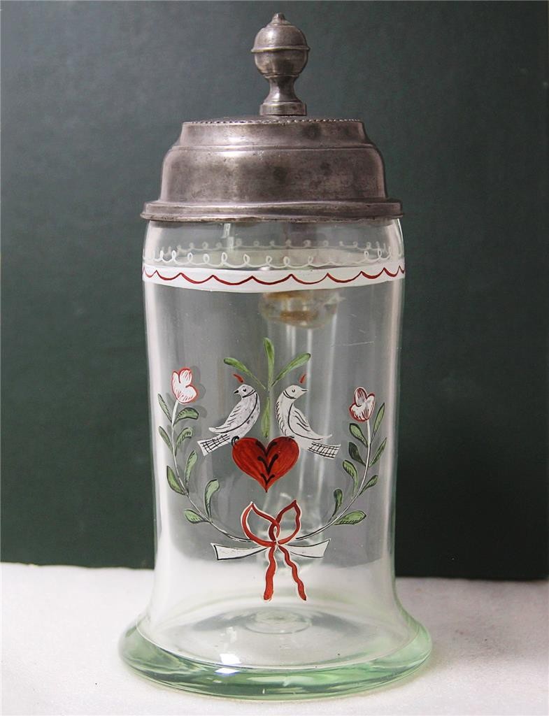 Antique Bohemian Glass Beer Stein Hand Painted Enamel Wedding Gift c.1790s