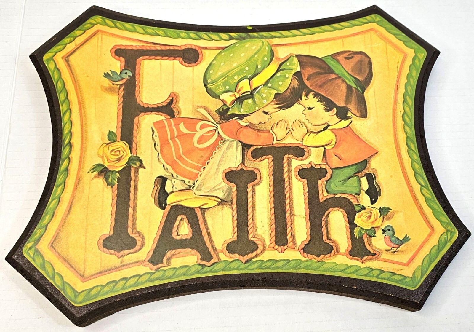 Homco 1970s Wooden Faith Wall Plaque With Rustic Illustration Children Roses