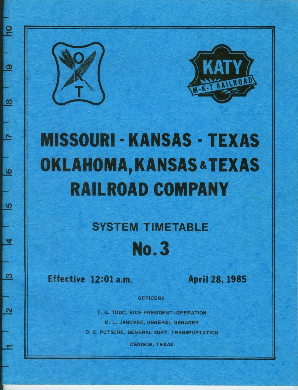M-K-T (KATY) ETT TIMETABLE SYSTEM #3  APRIL 28, 1985  48 PAGES NEVER FOLDED.