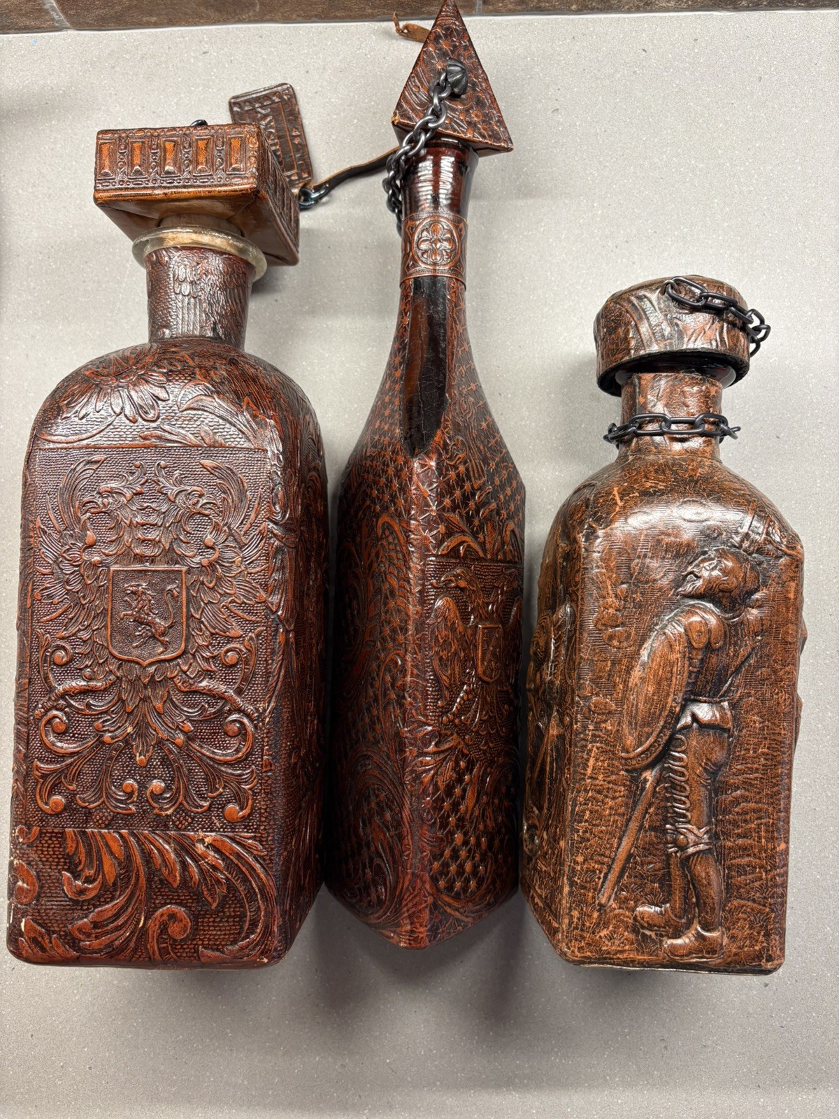 Set 3 Vintage Spanish Leather Wrapped Glass Decanter Conquistador Made in Spain