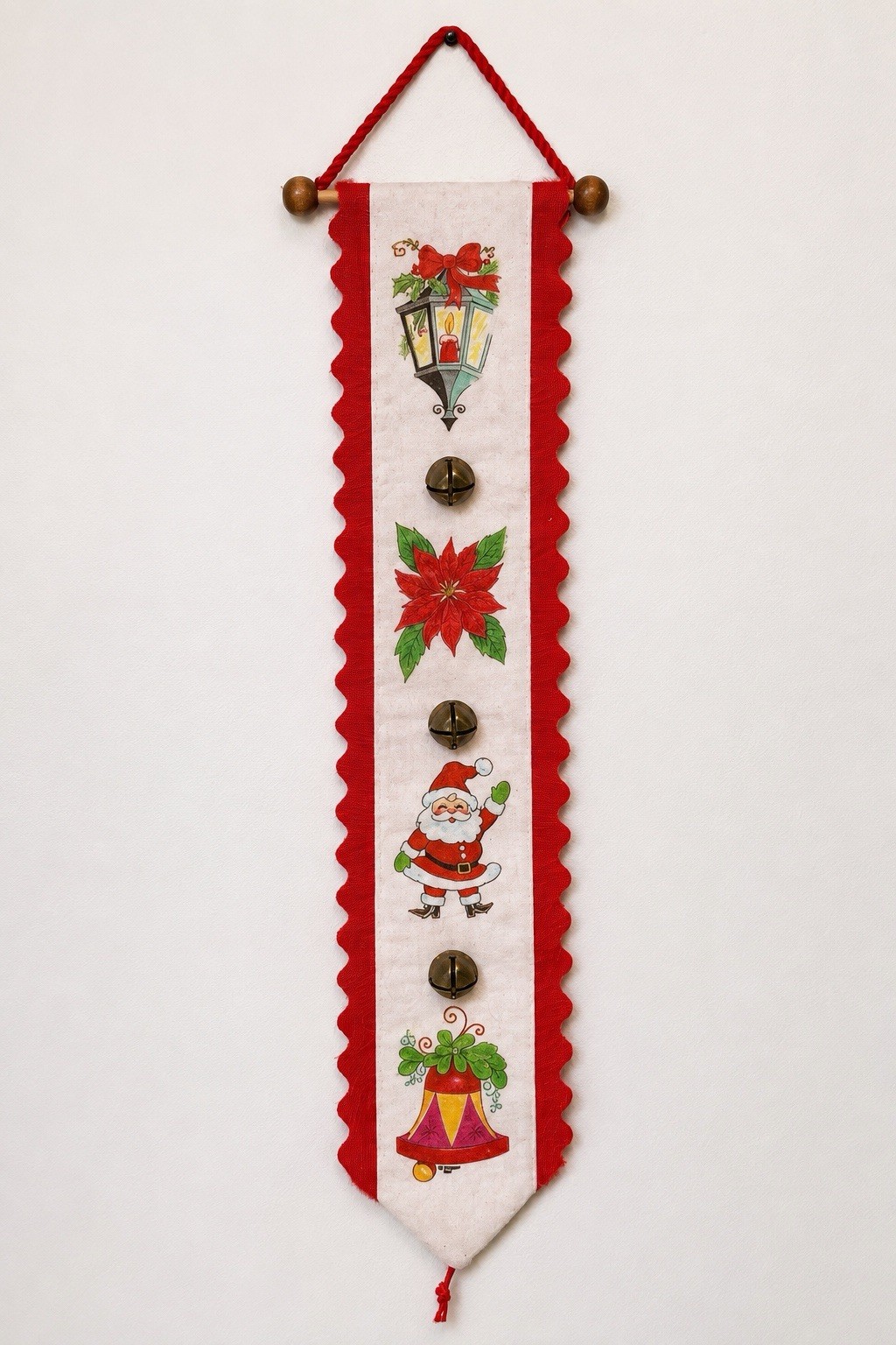 VTG 1981 Rennoc Christmas Bell Pull Santa Poinsettia Jingle Bells 29” Wall Hang