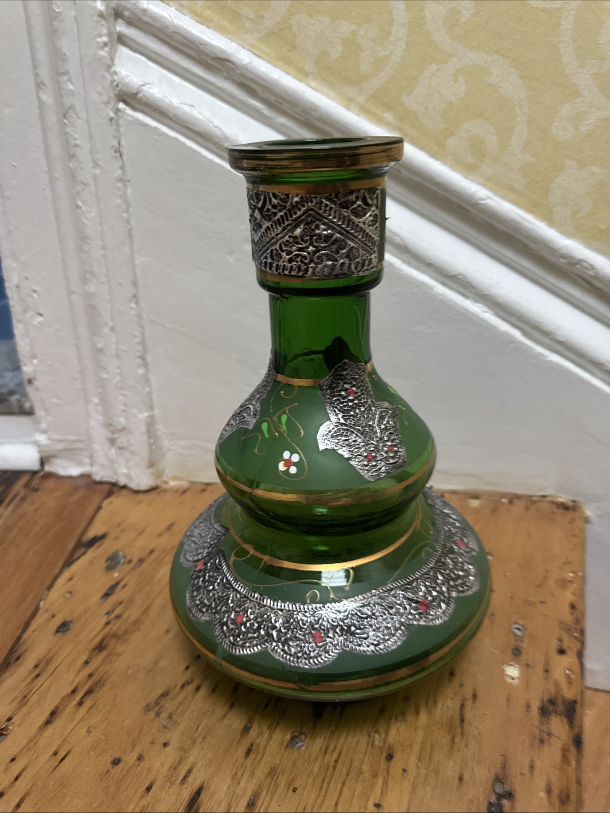 VINTAGE BOHEMIAN GLASS HAND PAINTED HOOKAH BASE BOTTLE VASE With Silver Hamsa