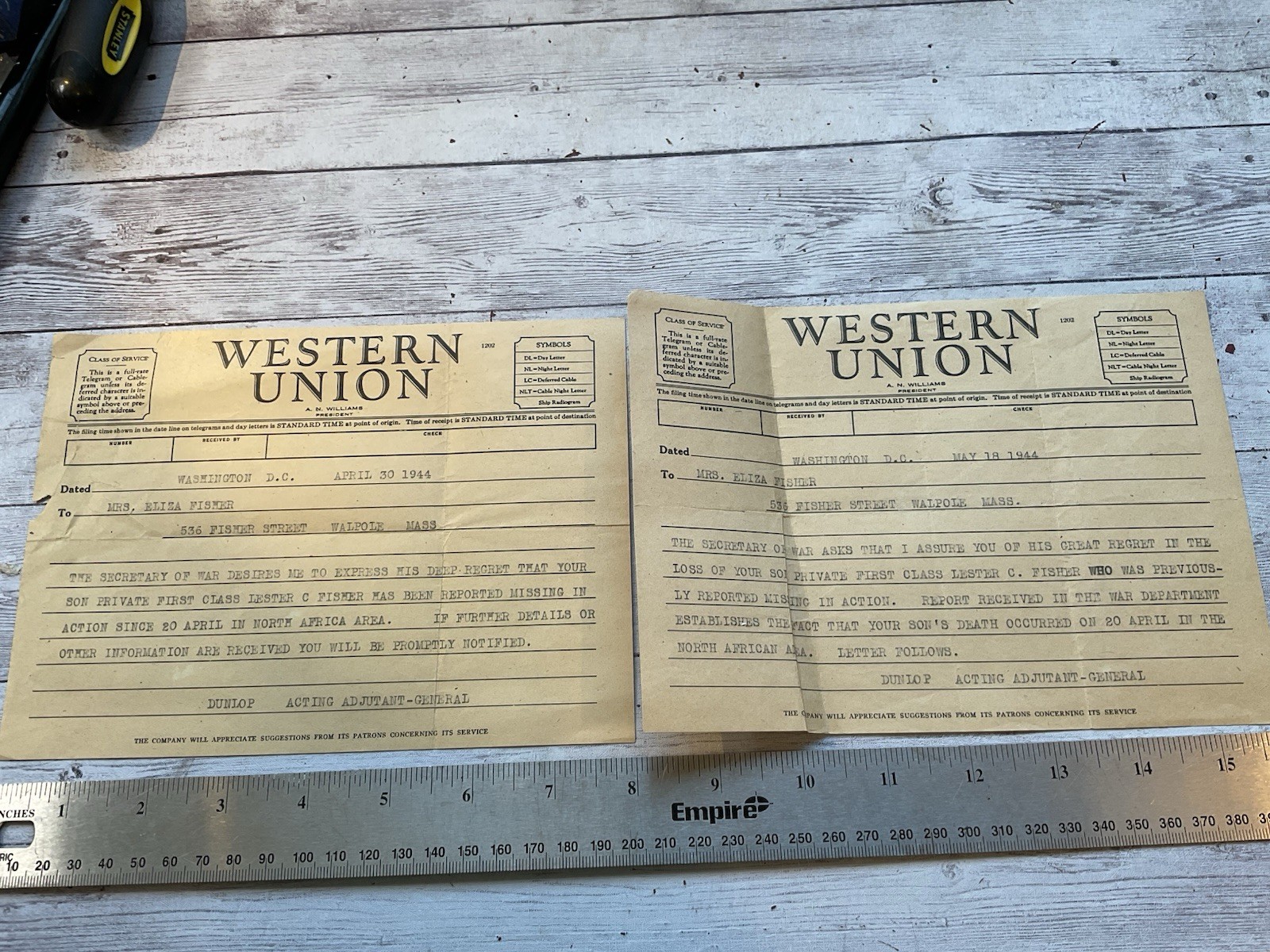 ORIGINAL WWII WESTERN UNION MISSING / KIA PAIR NORTH AFRICA