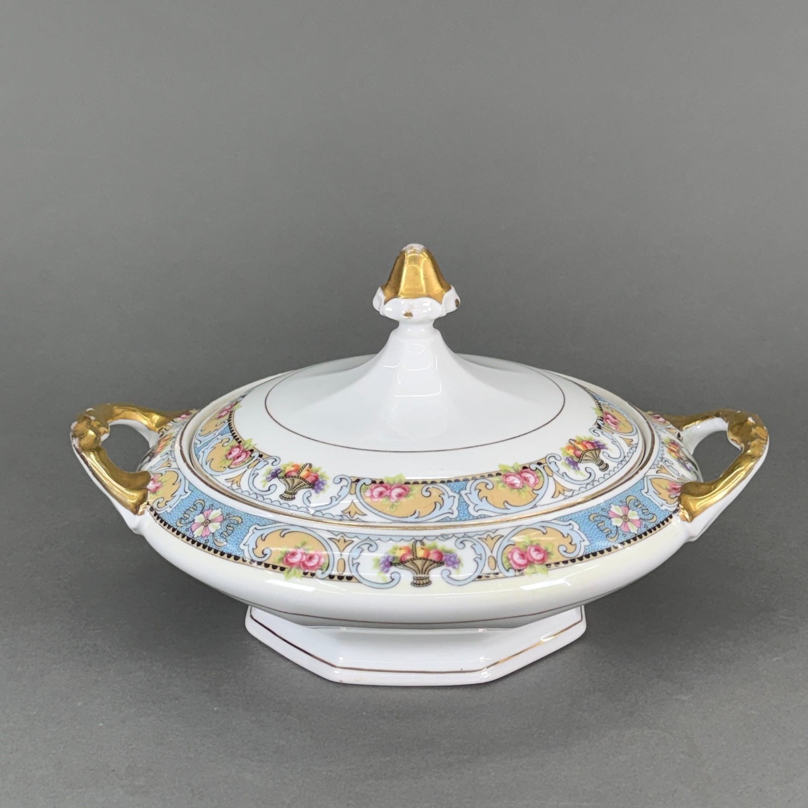 Antique Koenigszelt Silesia Covered Vegetable Bowl Tureen Germany Gold Floral 10