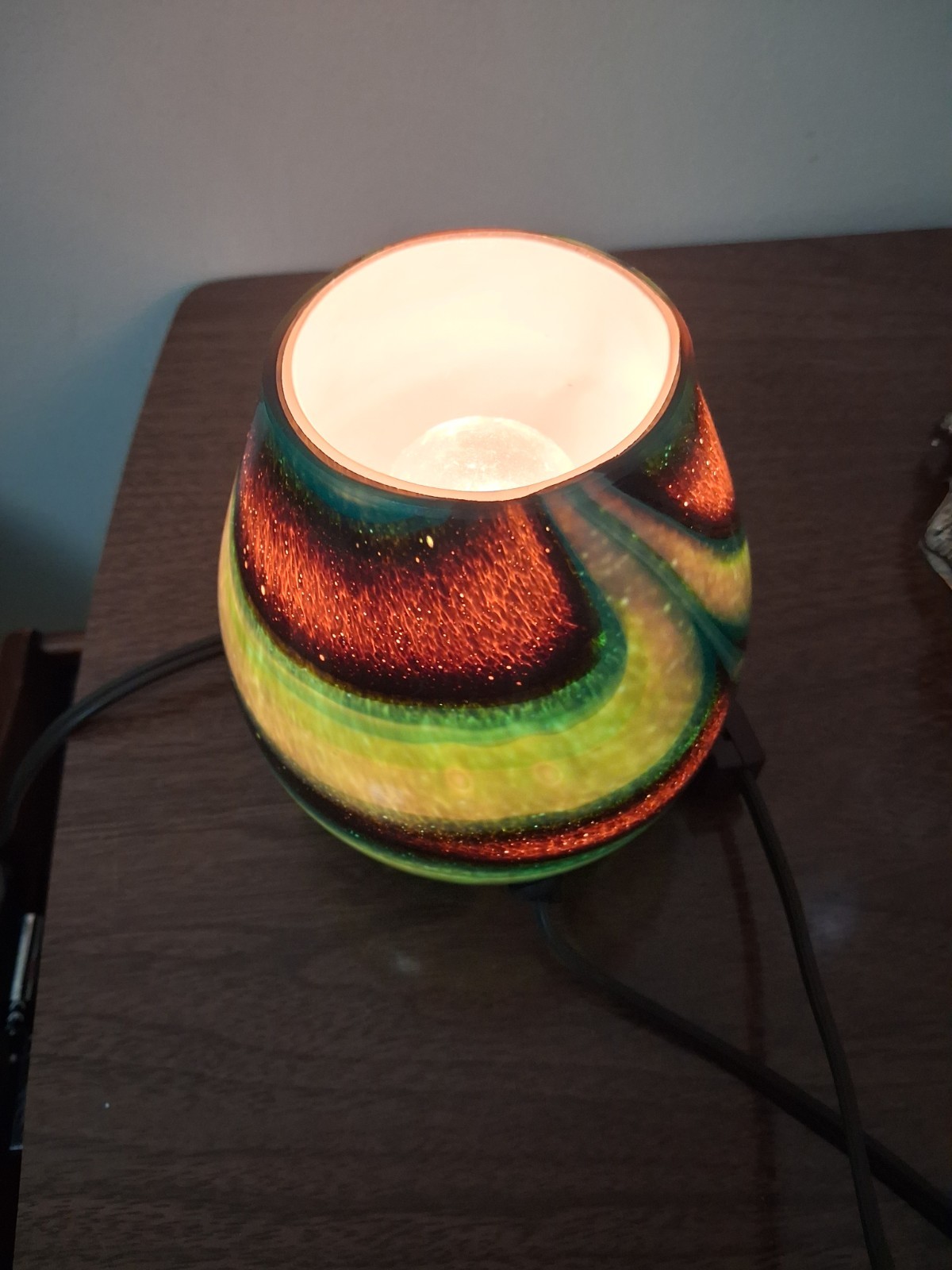 6”  Hand-Blown Art Glass Accent Lamp - Teal/Brown Swirl Lamp Nightlight