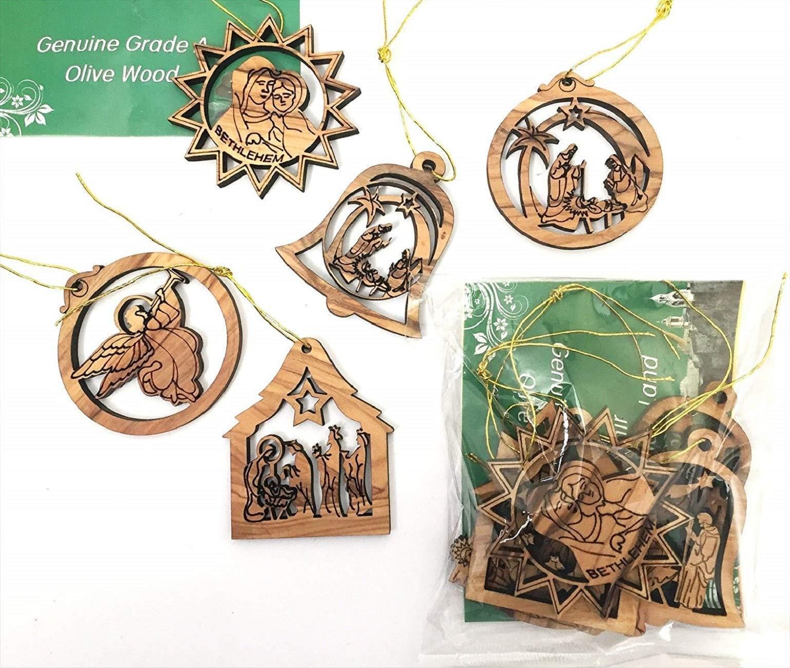 5 Olive Wood Christmas Ornaments Laser Carved Nativity Story Set from Bethlehem
