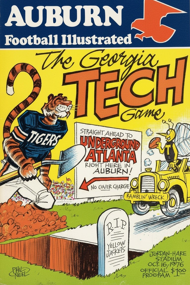 Auburn vs Georgia Tech 🏈 Football Illustrated Poster (1976) - 24x36” Rare