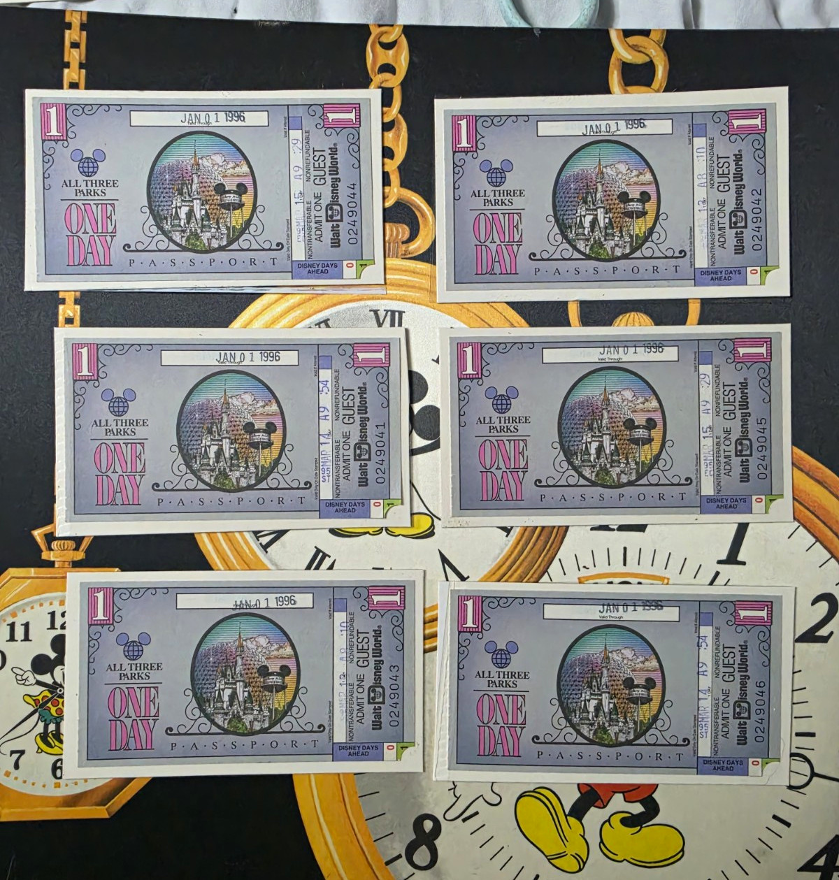 Vintage 1995 Walt Disney World 1 Day Passport Ticket Stubs Sequential Lot of 6