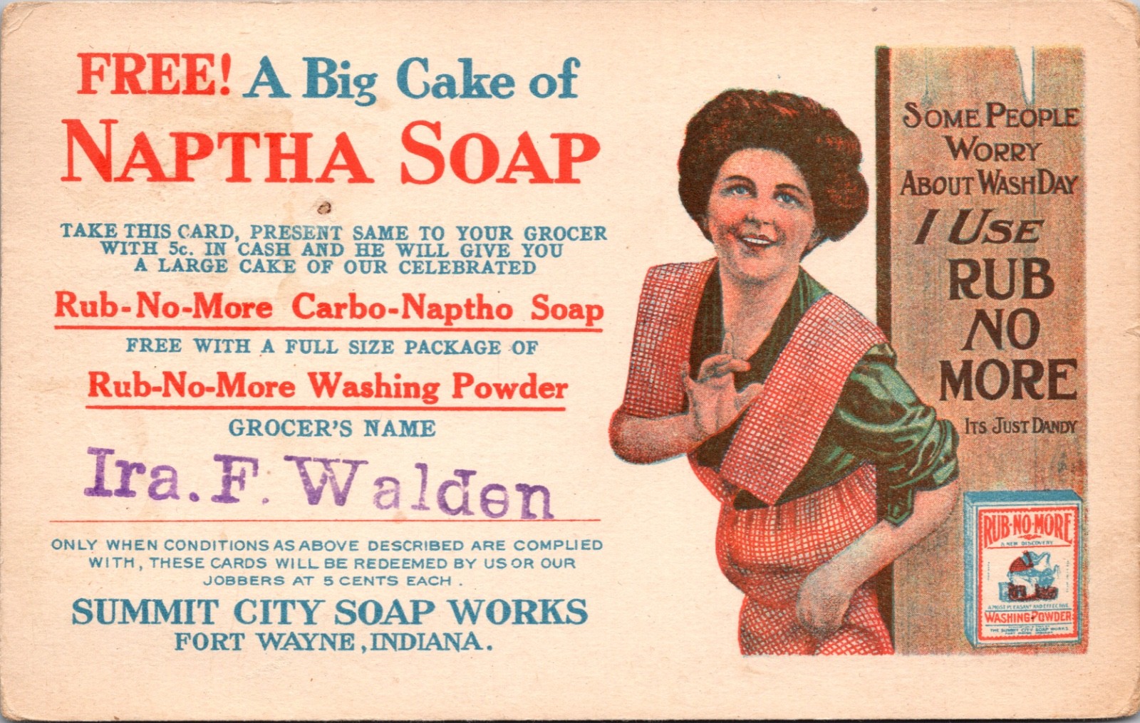 Naptha Soap Rub-No-More Washing Powder Advertising Trade Card Postcard