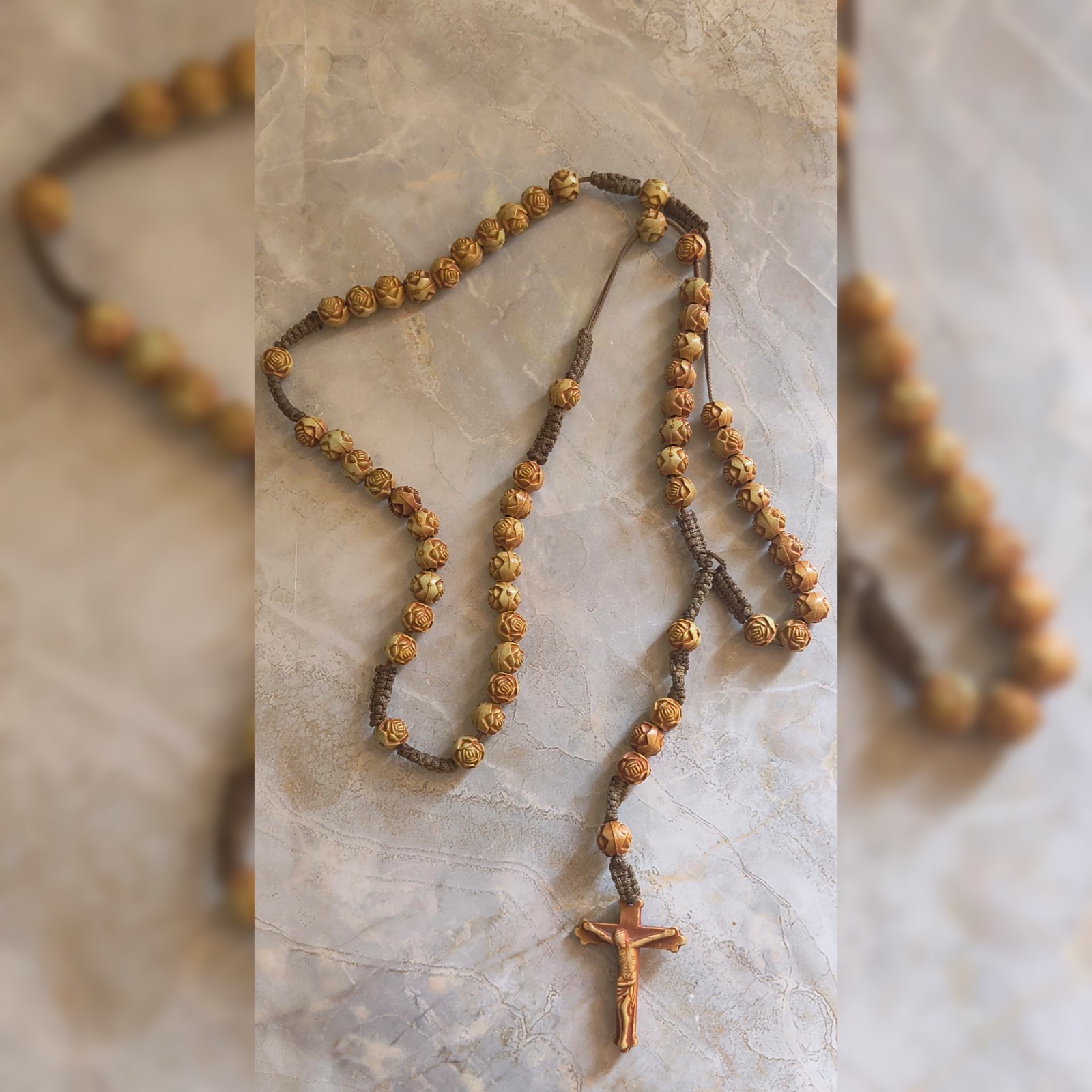 Vintage Catholic Rosary Prayer Beads Brown Resin Carved Rose Crucifix 