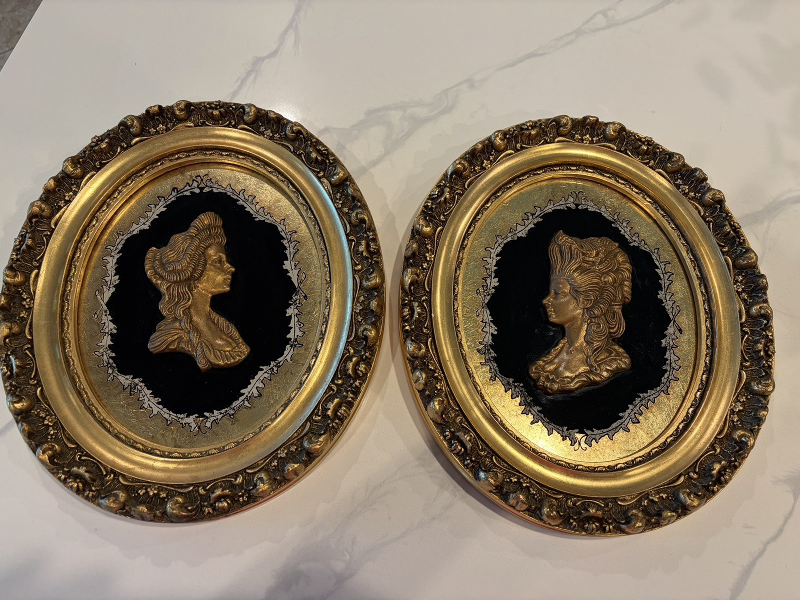 Vintage Victorian Gold Cameo Wall Plaques Pair 13.5” Goddess 3D Relief