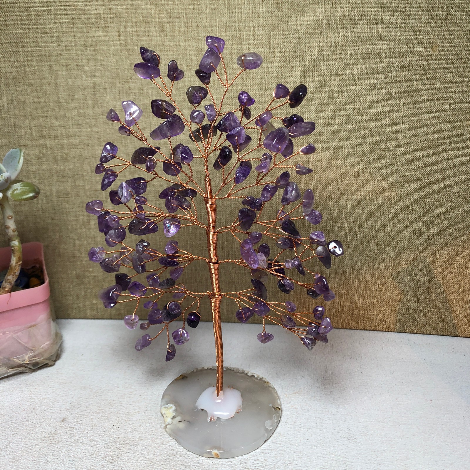 180mm Natural Wealth Tree purple crystal gravel agate slice base 96g A2478