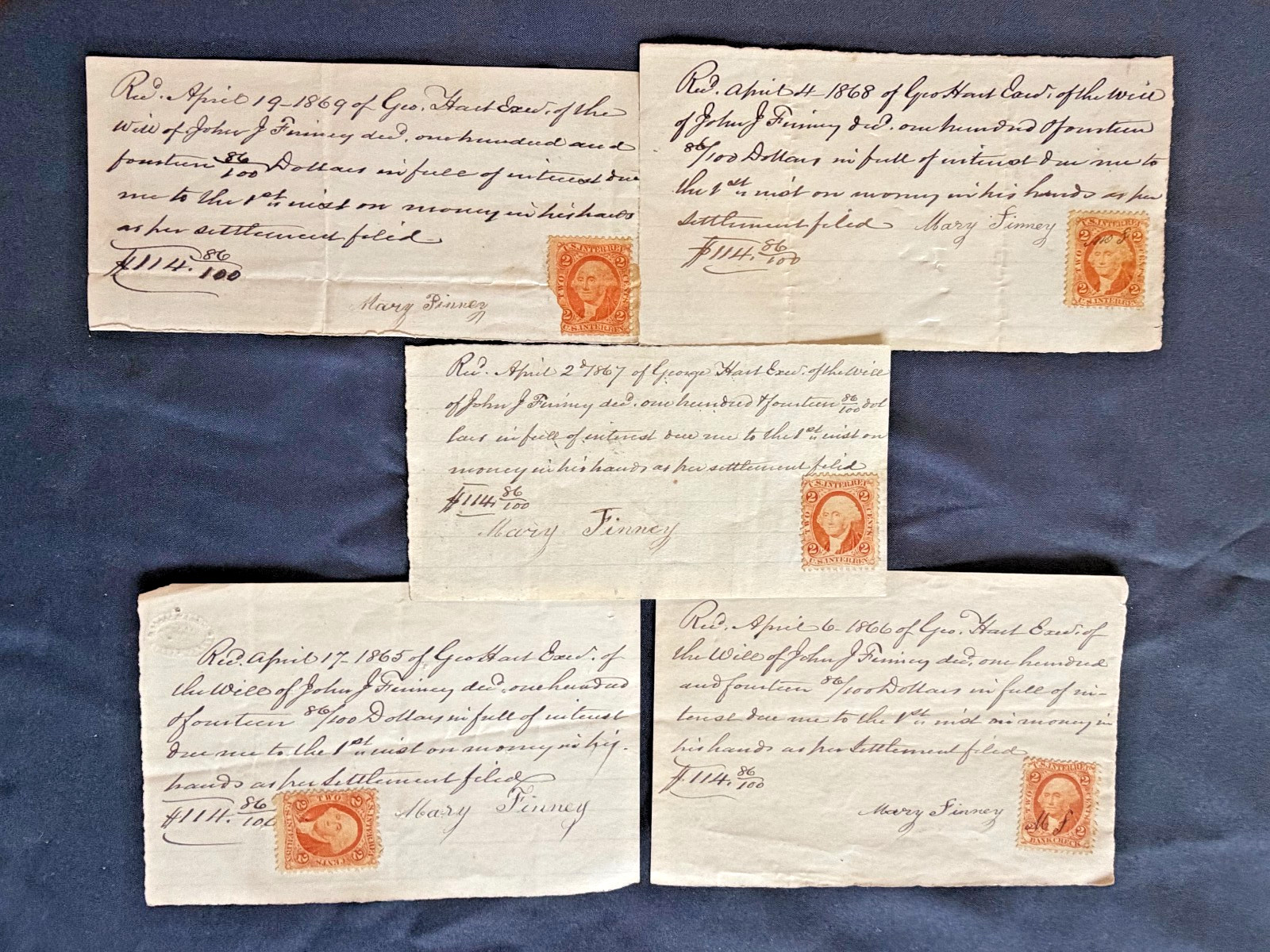 1865 1866 1867 1868 1869 Civil War Era Receipt Lot 5 w Revenue Stamp Hart Finney 1865 1866 1867 1868 1869 Civil War Era Receipt Lot 5 w Revenue Stamp Hart Finney
