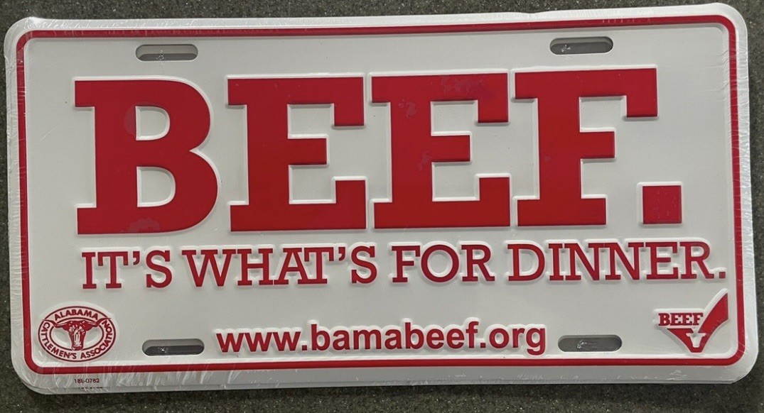 BEEF It\'s What\'s For Dinner METAL License Plate - Red Raised Letters EAT BEEF