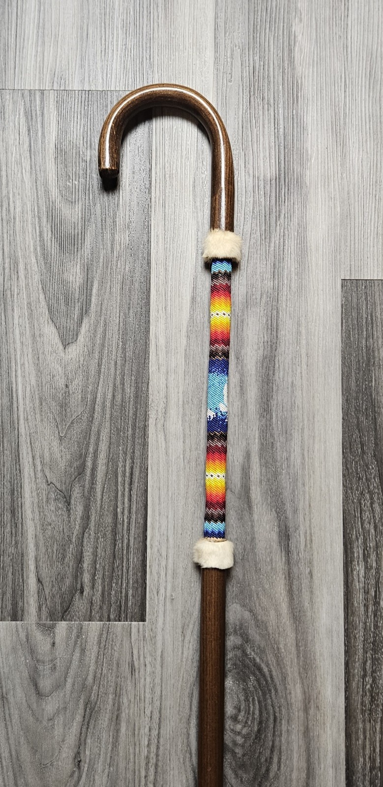 Vtg Native American Apache Beaded Petote Stitch Buffalo Eagle Fur Trim Cane 36\