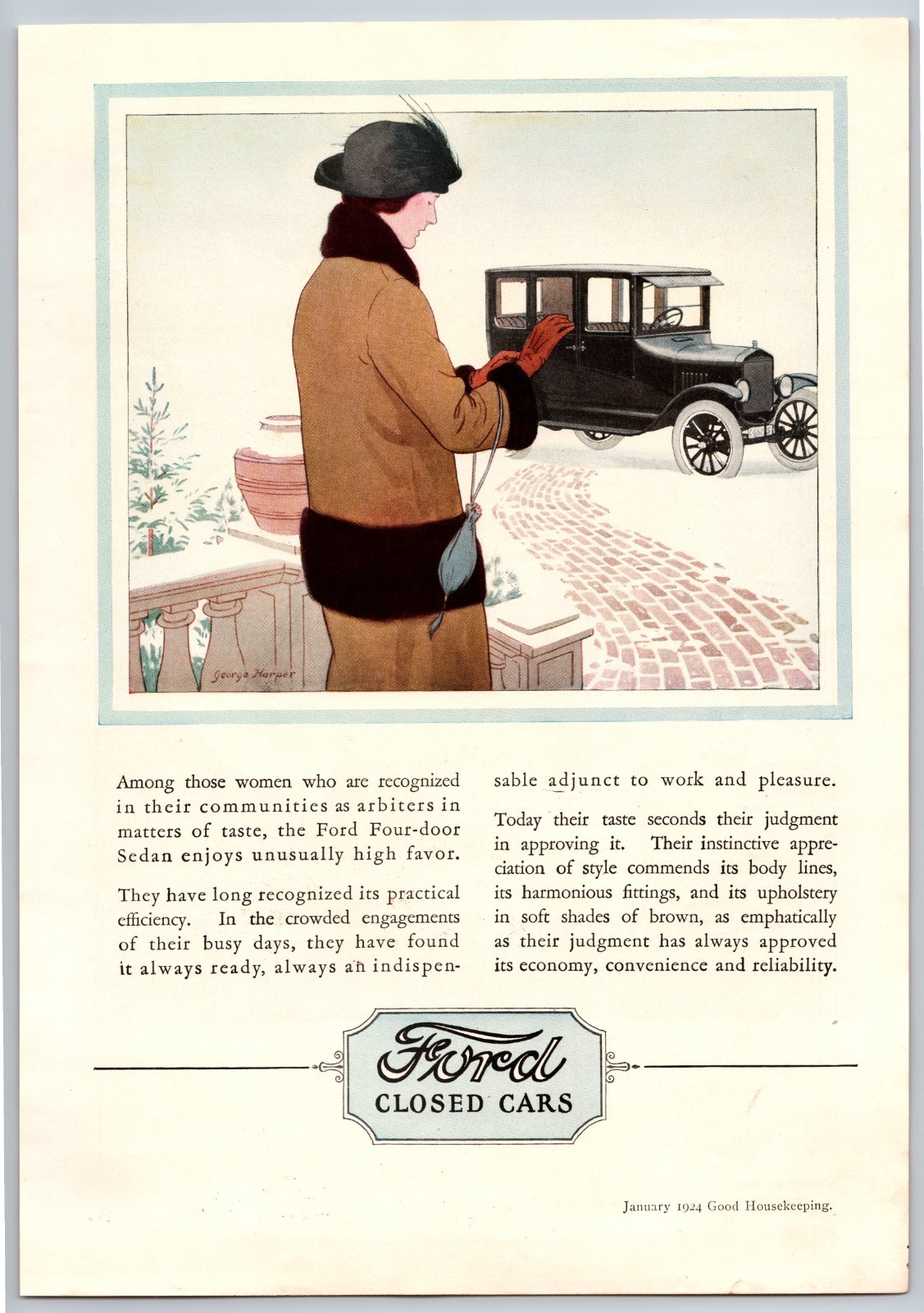 Vintage 1924, Woman, Winter, Fordor Sedan Auto, Automobile, Car 20\'s Print Ad