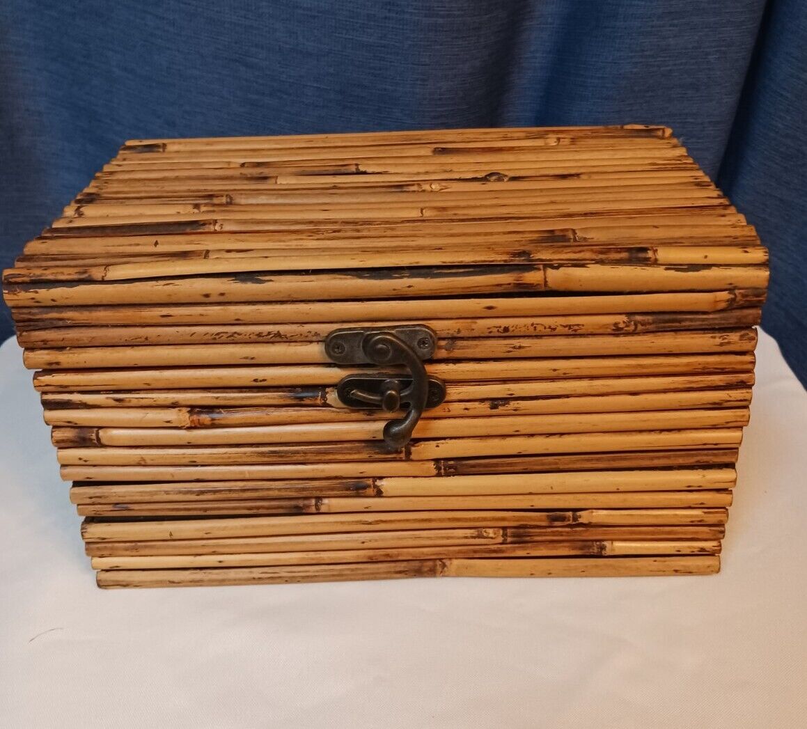 Unique Bamboo Box With Hinge Lid Vintage Petite Storage Container