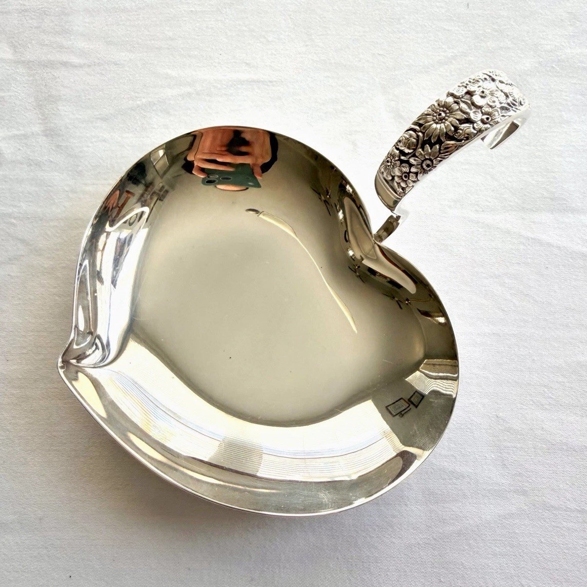 Vintage Towle Silverplate Heart Shaped Dish w Floral Contessina Handle