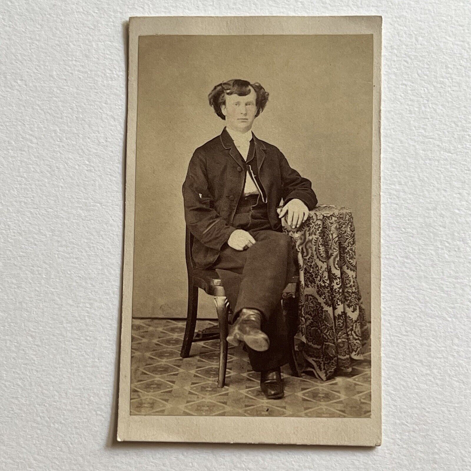 Antique CDV Photograph Fashionable Man With Fantastic Hair Chair Table Cloth