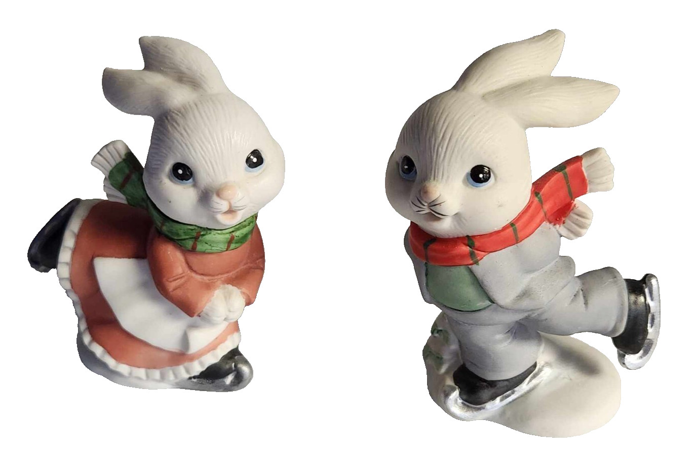 Vintage Homco Holiday  Rabbit Figurines 5305 Winter Ice Skating Set Of Two