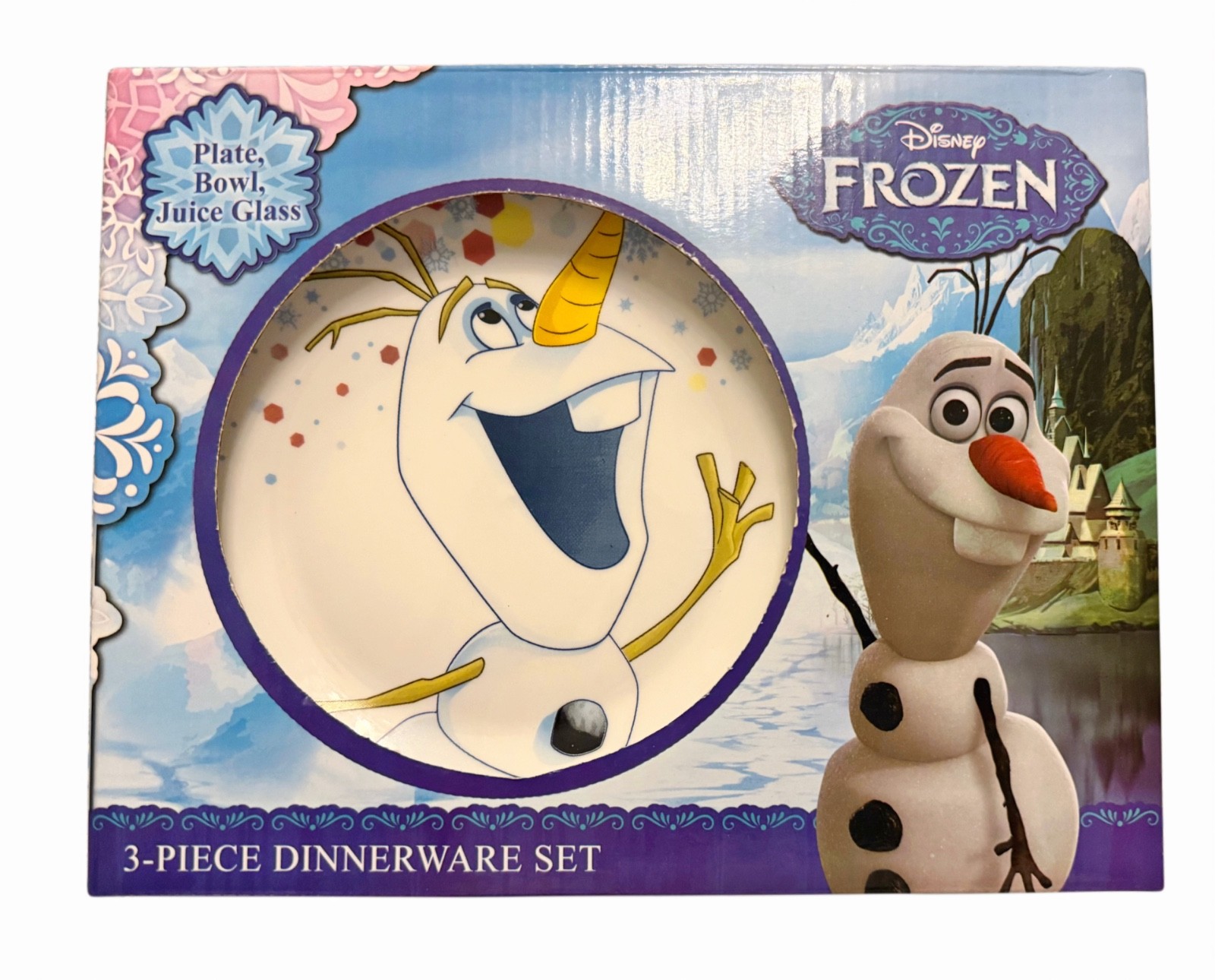 Disney Frozen Olaf Snowflakes 3PC Ceramic Dinnerware Set  - Plate Bowl & Glass