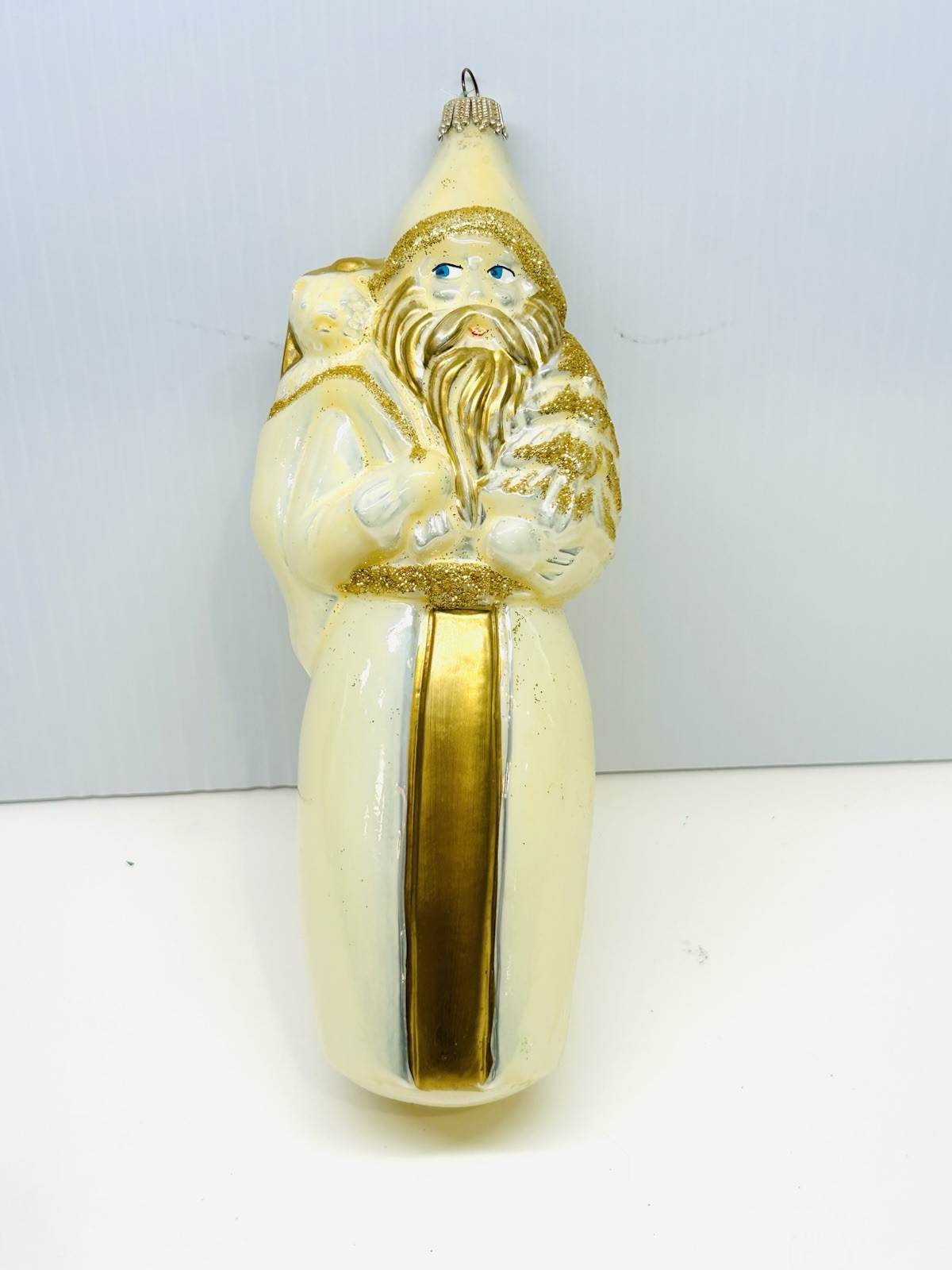 Vintage Neiman Marcus Cream White Gold Santa Glass Christmas Ornament NM Cap