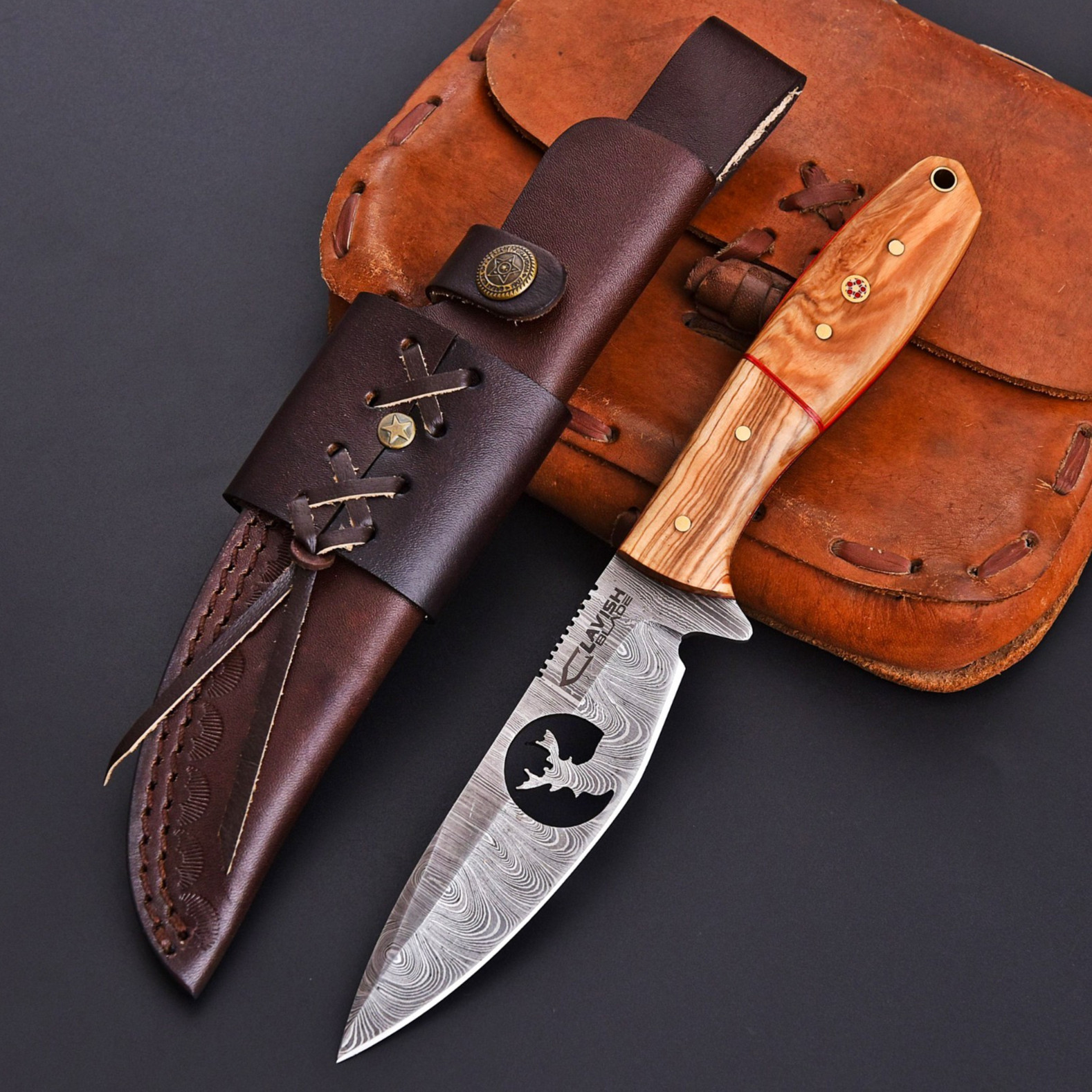  Handmade Damascus Bushcraft Survival EDC Knife Olive Handle with Leather Sheath
