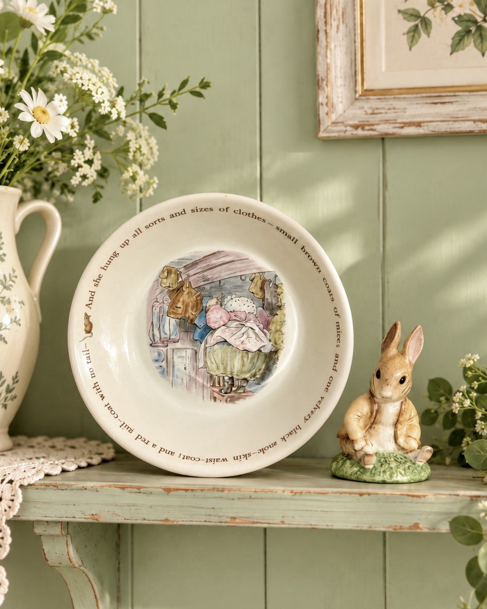 Vintage Beatrix Potter Set Mrs. Tiggy Winkle Bowl, Benjamin Bunny Figurine