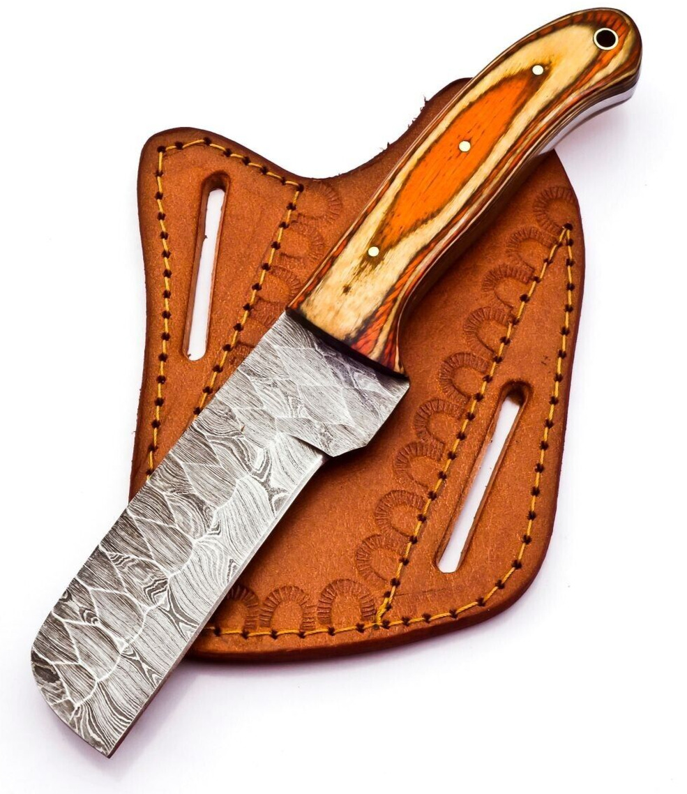 CowBoy Bull Cutter Knife Hand Forged Damascus Steel EDC Knife Pakka Wood; 9005