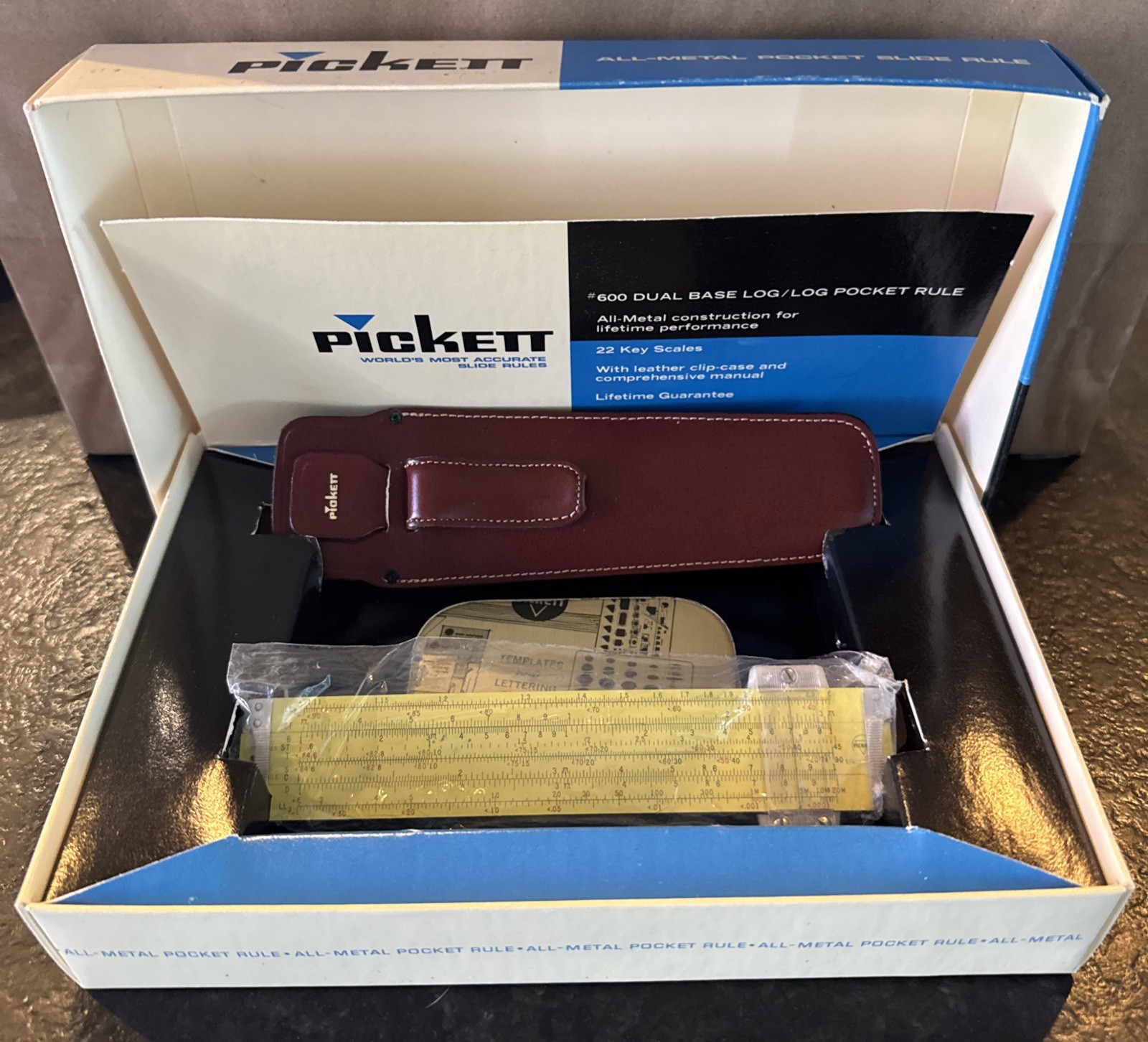 NIB VTG Pickett Slide Rule 600 ES Dual Base Log Log W/Original Box, Manuals