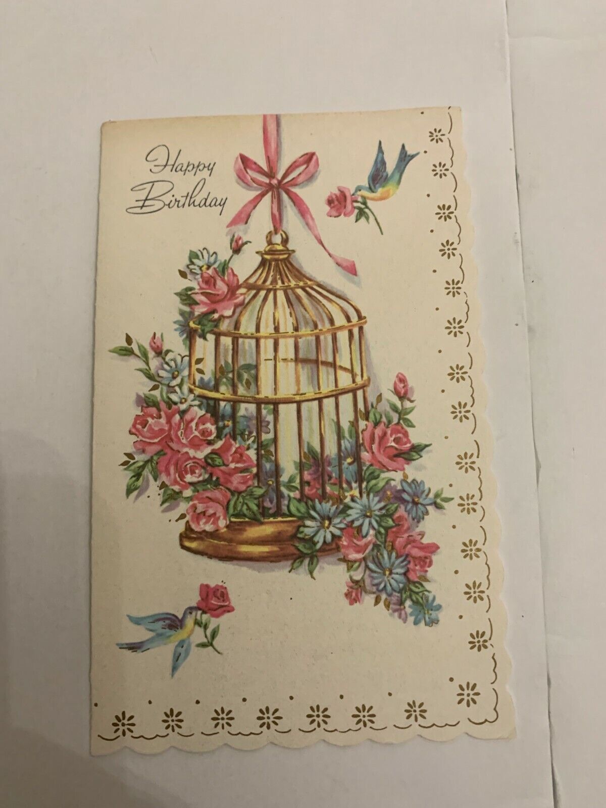 Vintage 1950\'s Happy Birthday Greeting Card Bird Cage of Flowers