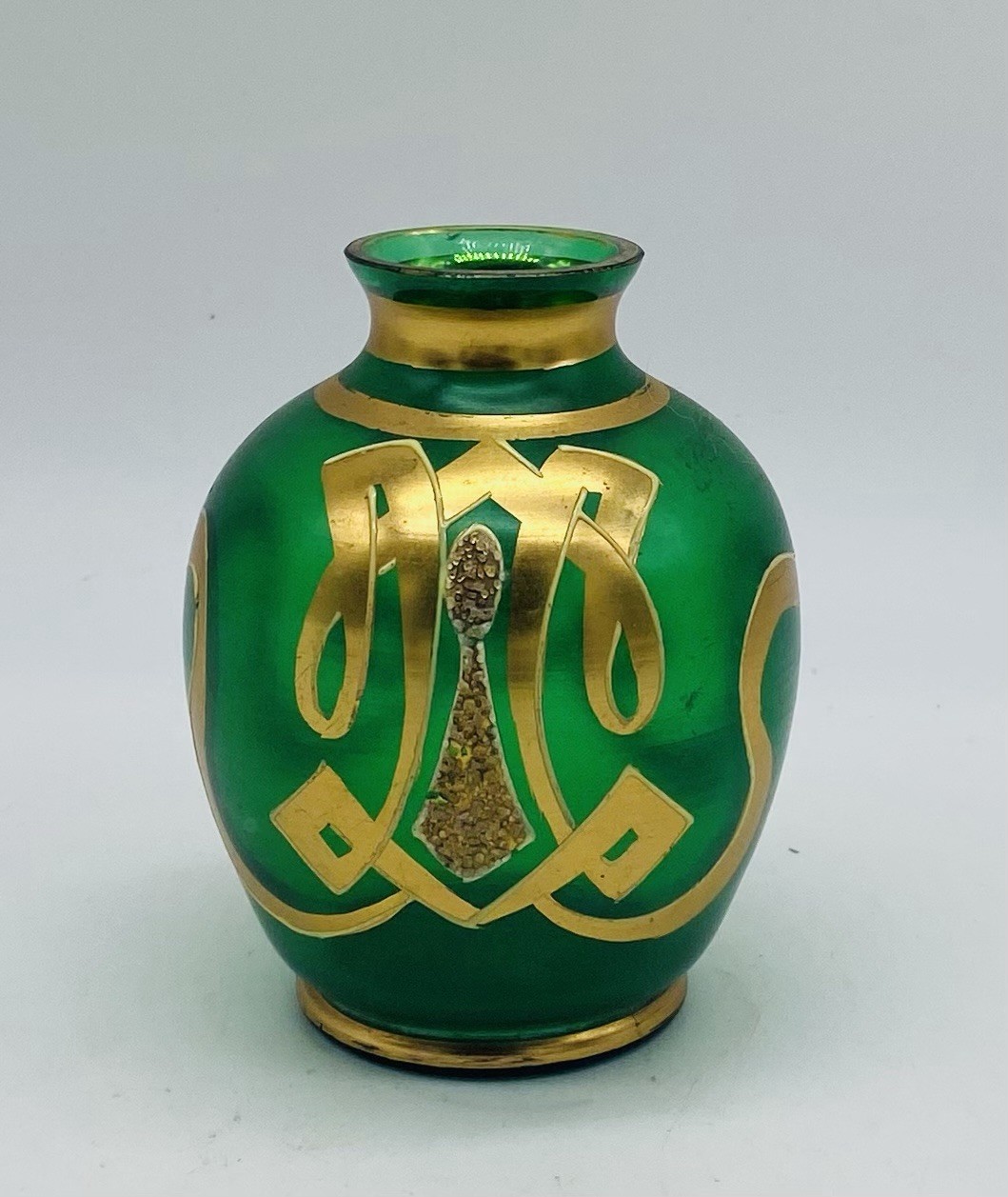Early SESSIONIST BOHEMIAN Green Glass Vase W/ Hand Painted Gold Scrolling