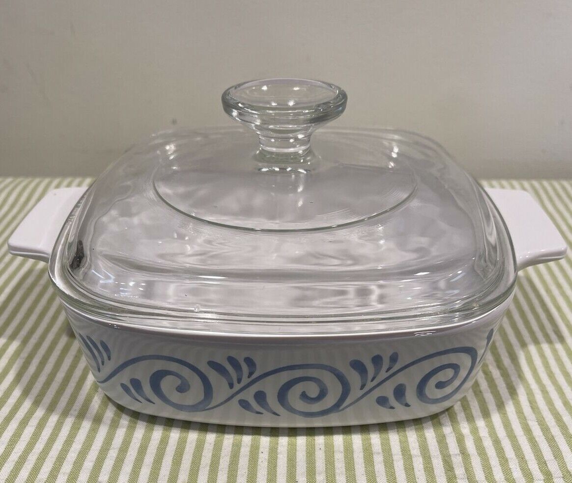 Corning Ware OCEAN VIEW 1L Casserole Dish A-1-B and Pyrex Lid White Blue Swirl